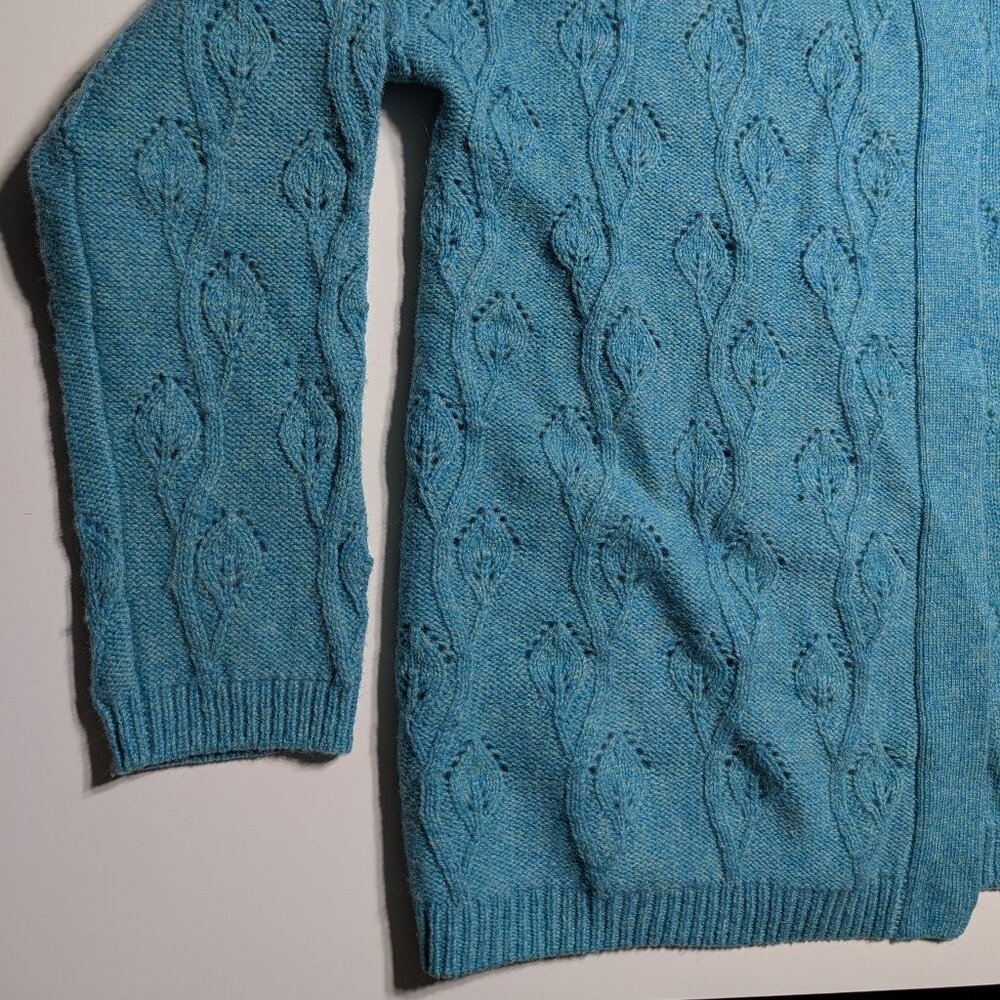 WoolOvers Womens M Cableknit Wool Cardigan Sweater Blue Green Teal Lambswool - Picture 4 of 9